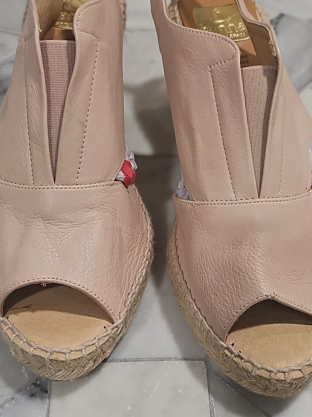 kanna Nude/Pale Pink Leather Espadrille Wedge Peep-Toe Sandals NWOT 9.5